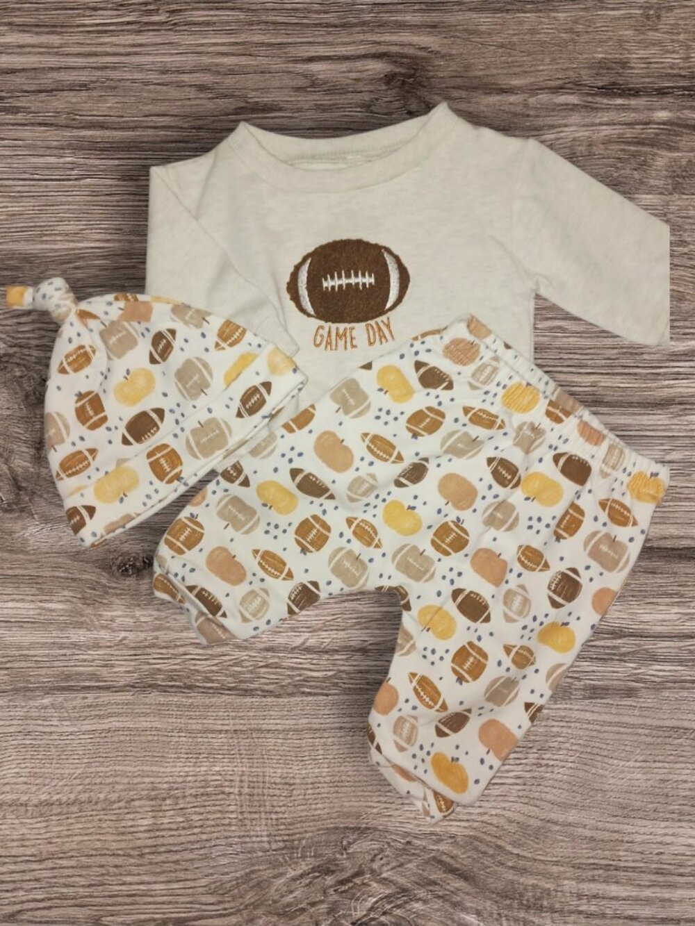 Chick Pea 3-6 Months Football Fall Outfit Set Hat Bodysuit & Pants 3PC